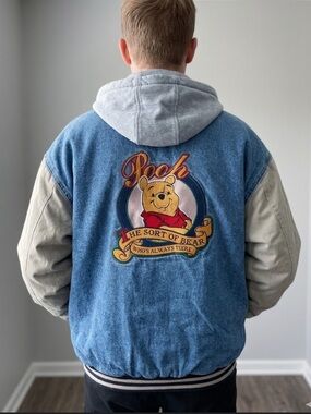 Vintage 90s Disney Store Winnie the Pooh Denim Varsity Jacket XXL Oversized